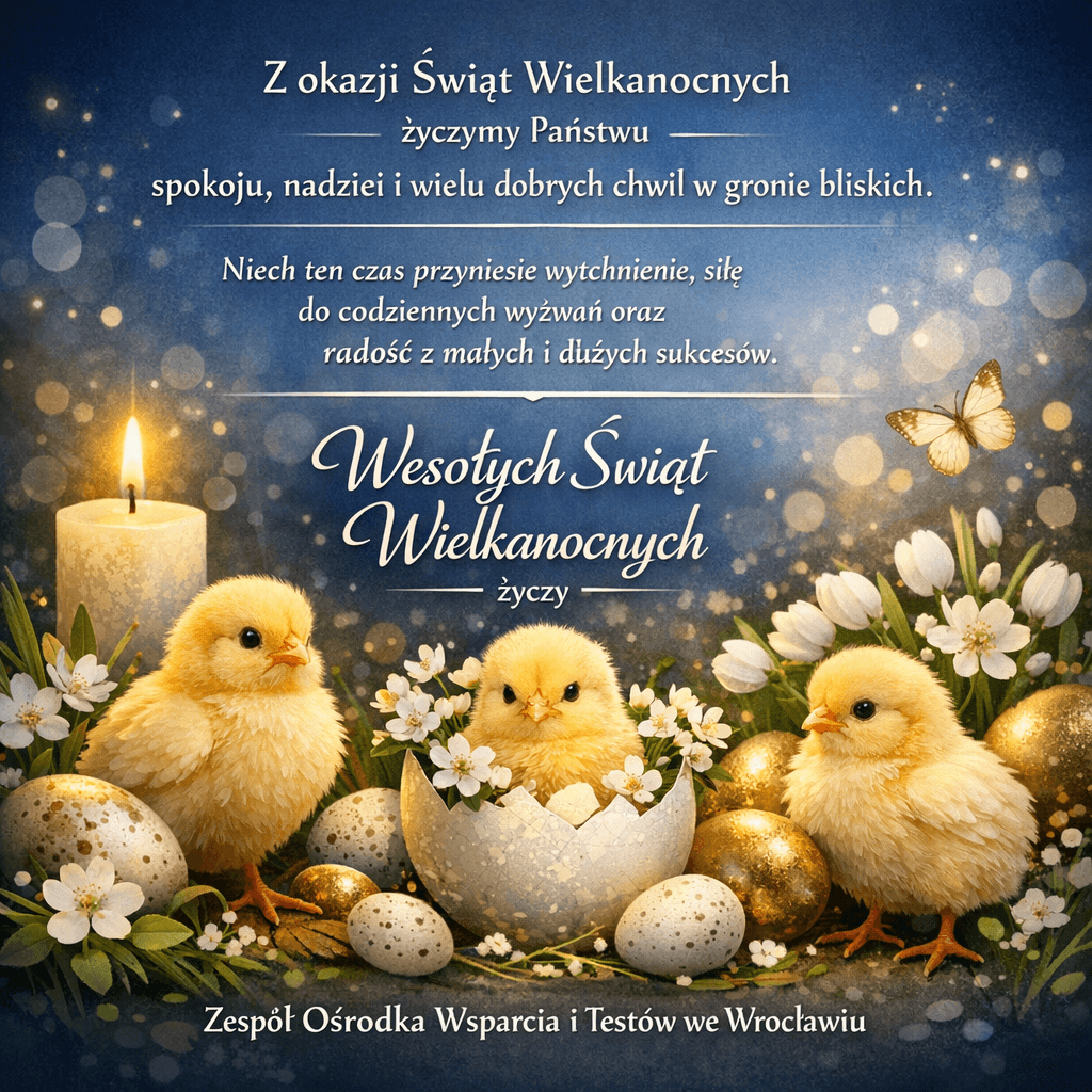 Na granatowym tle z delikatnym efektem światła stoi zapalona świeca. Na pierwszym planie widoczne są trzy żółte kurczaczki – jeden wykluwający się z jajka – otoczone białymi kwiatami i ozdobnymi, złotymi pisankami. Obok unosi się motyl. Na środku kartki umieszczono życzenia wielkanocne w języku polskim, zapisane jasną, czytelną czcionką. Całość utrzymana jest w spokojnej, wiosennej i jednocześnie eleganckiej estetyce.